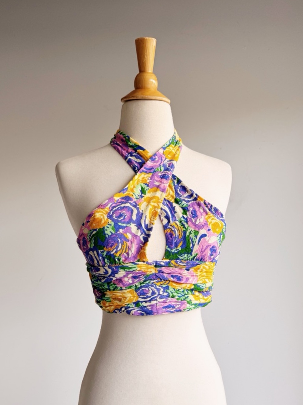 Zara Floral Halter Top Large Smocked Back Viscose Crop Boho Bright Print